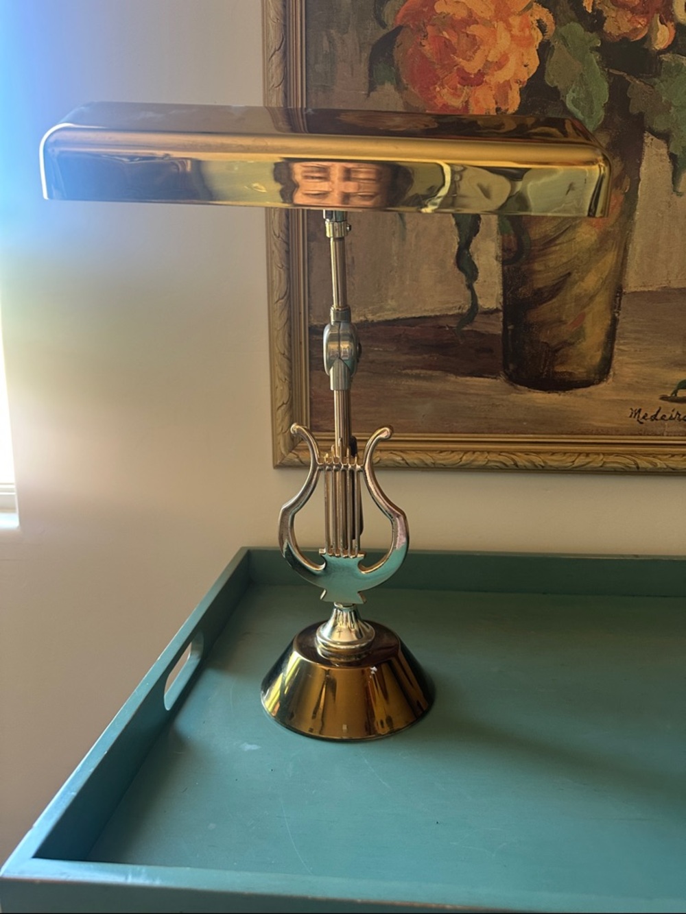 Vintage 1960's Brass Tone Piano Lamp with Harp Lyre, Mid Century Student Lamp
